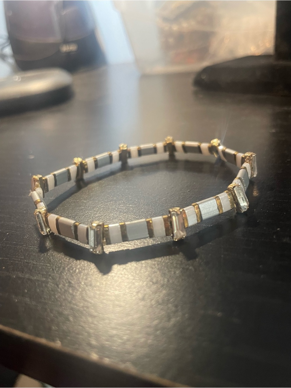 Elegant  clear gems and White and Gold Tile Stretch Bracelet - Women Jewelry
